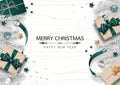 Merry Christmas and Happy new year banner. Xmas border background design decoration with Gift box, Gray pine branch.