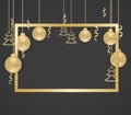 Merry Christmas and Happy New Year. Beautiful New Year background with gold hanging balls, Christmas trees, ribbons and a frame. Royalty Free Stock Photo