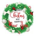 Merry Christmas and a Happy New Year. Beautiful Christmas wreath. Coniferous wreath with balls, bows and candies