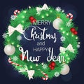 Merry Christmas and a Happy New Year. Beautiful Christmas wreath. Coniferous wreath with balls, bows and candies