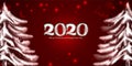 2020. Merry Christmas and happy new year. Beautiful fluffy fir tree under snow with moon and Santa. 2020 year red background with
