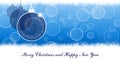 Merry Christmas and Happy New Year blue background with balls