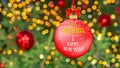 Merry Christmas and Happy New Year! Blurred background of Christmas tree with bright golden lights. Bokeh. Texture of new year fir Royalty Free Stock Photo