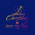Merry Christmas & Happy New Year. Bright horizontal inscription on dark blue background.