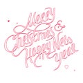 Merry Christmas and Happy New Year Caligraphy with Hearts. Red Characters. Text. Isolated. Vector Royalty Free Stock Photo