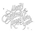 Merry Christmas and Happy New Year Caligraphy with Hearts. White Characters. Text. Isolated. Vector Royalty Free Stock Photo