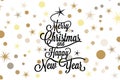 Merry Christmas and happy new year calligraphic lettering with balck tree and golden stars on white background - Vector greeting Royalty Free Stock Photo