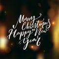 Merry Christmas and Happy New Year calligraphy text on dark vector background with lights and bokeh. Greeting card Royalty Free Stock Photo