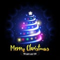 Merry Christmas and Happy New Year card. Abstract christmas tree with glowing balls and sparkles background.