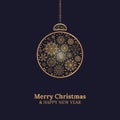 Merry Christmas and Happy New Year card with Christmas ball and gold snowflakes on dark blue background.Vector Royalty Free Stock Photo