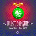 Merry Christmas, and Happy New Year! Card. ball toy. bow-knot ribbon Royalty Free Stock Photo