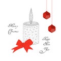 Merry Christmas and Happy New Year card with burning candle, ribbon, bow, decoration balls and text