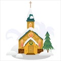 Merry christmas and happy new year card, church and green tree under snow, christianity and Catholic winter city