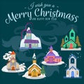 Merry christmas and happy new year card, church and green tree under snow, christianity and Catholic winter city