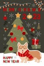 Merry Christmas and Happy New Year card with corgi dog with different winter elements.