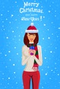 Merry christmas and happy new year card of cute girl in santa ha Royalty Free Stock Photo