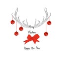 Merry Christmas and Happy New year card with deer antlers, balls, ribbon bow and text in black and red Royalty Free Stock Photo