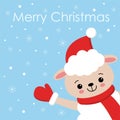 Merry Christmas and Happy New Year card design. Funny kawaii sheep character in santa hat on winter illustration, snow on light Royalty Free Stock Photo