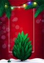 Merry Christmas and Happy New Year card with empty space for your text and Christmas tree, pine branches, snow and sparkling Royalty Free Stock Photo