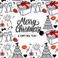 Merry Christmas and Happy new year Card fashion sketch celebration gift box, tree and fireworks. Black and red Hand Royalty Free Stock Photo