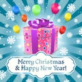Merry Christmas and Happy New Year card with gift box, snowflakes, balloons and ribbon bow.