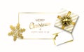 Merry Christmas and Happy New Year card with gift and golden sno