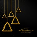 Merry Christmas and Happy New Year card with gold ornament decoration of golden ball and gold glitter on luxury black background Royalty Free Stock Photo