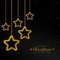 Merry Christmas and Happy New Year card with gold ornament decoration of golden ball and gold glitter on luxury black background Royalty Free Stock Photo