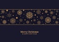 Merry Christmas and Happy New Year card with gold snowflakes on dark blue background. Vector Illustration. Merry Royalty Free Stock Photo