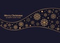 Merry Christmas and Happy New Year card with gold snowflakes on dark blue background. Royalty Free Stock Photo