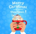 Merry christmas and happy new year card with hands holding cute Royalty Free Stock Photo