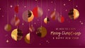 Merry Christmas and Happy New Year card with original elegant luxury golden abstract christmas balls and copy space on purple Royalty Free Stock Photo