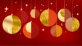 Merry Christmas and Happy New Year card with original elegant luxury golden abstract christmas balls and copy space on red