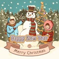 Merry Christmas and Happy New Year card, poster, cartoon colorful drawing, vector illustration, holiday background. Cute boy, girl Royalty Free Stock Photo