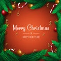 Merry Christmas and Happy New Year card on red background with tree branches, candies, stars