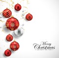 Merry Christmas and Happy New Year card with red balls and gold streamers