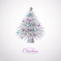 Merry Christmas and happy new year card with silver tree. Happy holidays text and logo. Vector illustration.