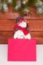 Happy Christmas snowman. Christmas decoration on a wooden background. Greeting card. Xmas decoration. Royalty Free Stock Photo