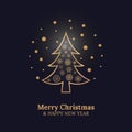 Merry Christmas and Happy New Year card with Christmas tree and gold snowflakes on dark blue background. Royalty Free Stock Photo