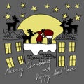 Merry Christmas and Happy New Year card. Vector New Year background with Santa Claus, deers, gifts, and big Moon