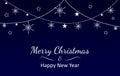 Merry Christmas and Happy New Year card. Winter background. Garland with snowflakes and stars on dark blue background. Vector Royalty Free Stock Photo