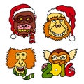 Merry Christmas and Happy New 2016 Year cartoon icons with monkeys
