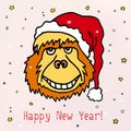 Merry Christmas and Happy New 2016 Year cartoon vector postcard with orangutan monkey in Christmas hat. Royalty Free Stock Photo