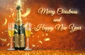 Merry Christmas and Happy New Year, celebration background with two glasses and champagne with gretings Royalty Free Stock Photo