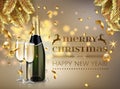 Merry Christmas and happy new year champagne bottle with glass in realistic style. Greeting card or elegant holiday Royalty Free Stock Photo