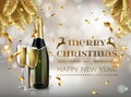 Merry Christmas and happy new year champagne bottle and glasses stock vector illustration in realistic style. Greeting Royalty Free Stock Photo