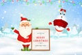 Merry Christmas. Happy new year. Cheerful Santa Claus holds wooden message board, snowman in Christmas snow scene winter Royalty Free Stock Photo