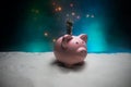 Merry Christmas and happy New year. Chinese new year of the Pig, symbol 2019 for greetings card. soft selective focus. Toy pig in