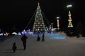 Merry Christmas and Happy New Year! Christmas in the city park. Christmas tree and illumination, luminous figures