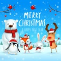 Merry Christmas and Happy New Year! Christmas Cute Animals Character. Happy Christmas Companions. Royalty Free Stock Photo